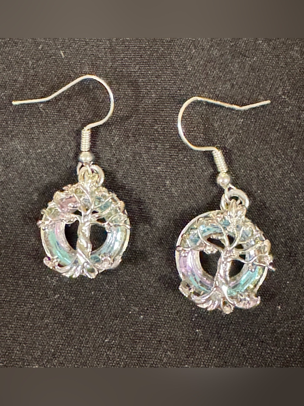 Silver Tree of Life Drop Earrings with Iridescent Accents